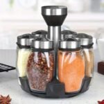 7pcs/set Spice Jar Set Rack Glass Organizer Rotating Glass Seasoning Sugar Pepper Bottles Salt Shakers Holder Kitchen