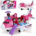 Pink Airplane Toy Private Jet Transport Cargo Vehicle – Big Large Aircraft Plane with Figures and Beauty Accessories Pretend Playset for Toddler Girls